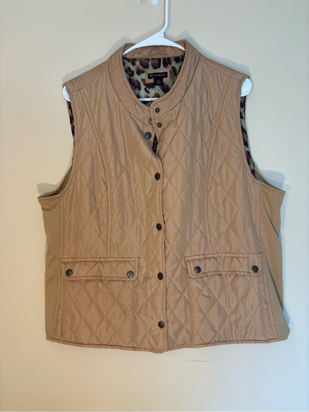 new directions Quilted Camel Vest with Leopard Lining - Women Jackets & Coats